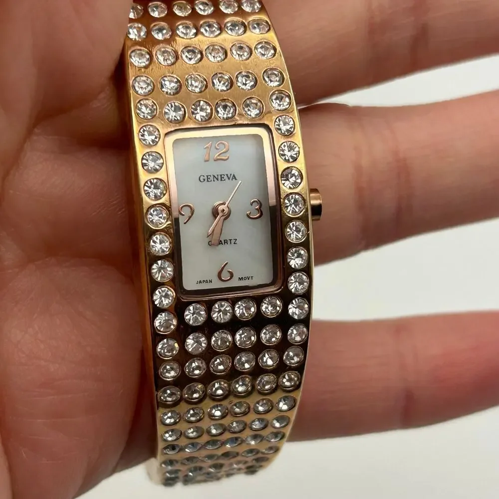 Geneva Rose Gold Crystal Embellishments Women’s Bangle  Watch New Battery